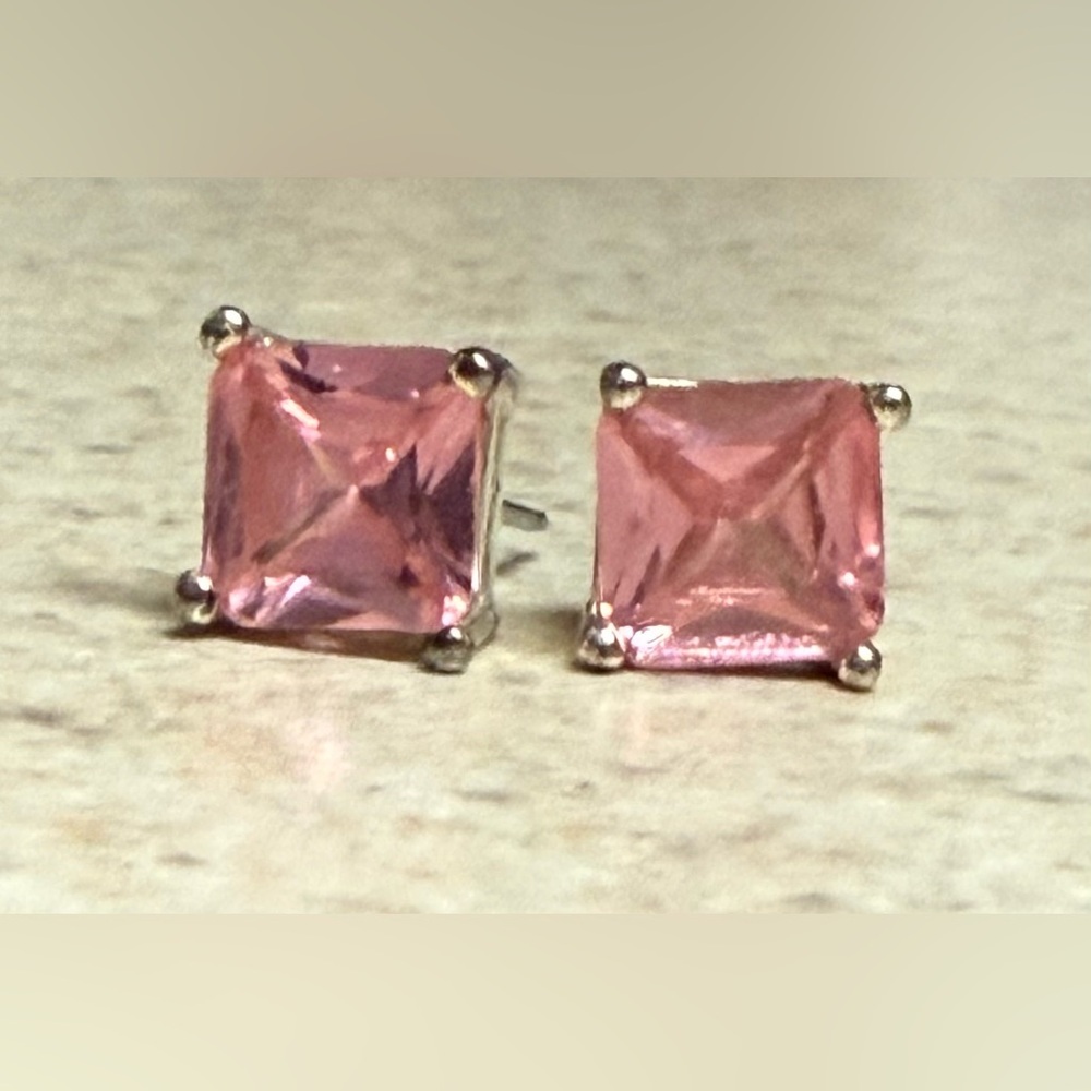 Pink Topaz Princess Cut Stud Earrings 5mm | Silver Square Minimalist Jewelry - Picture 2 of 4